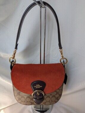 COACH Kleo Shoulder Bag 23 In Signature Canvas Suede Rust Brown C5692
